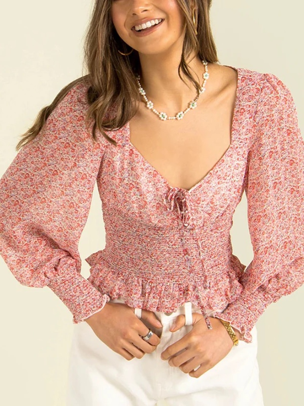 Petal & Pup Pink Floral Smocked Tie-Front Puff Sleeve Top
